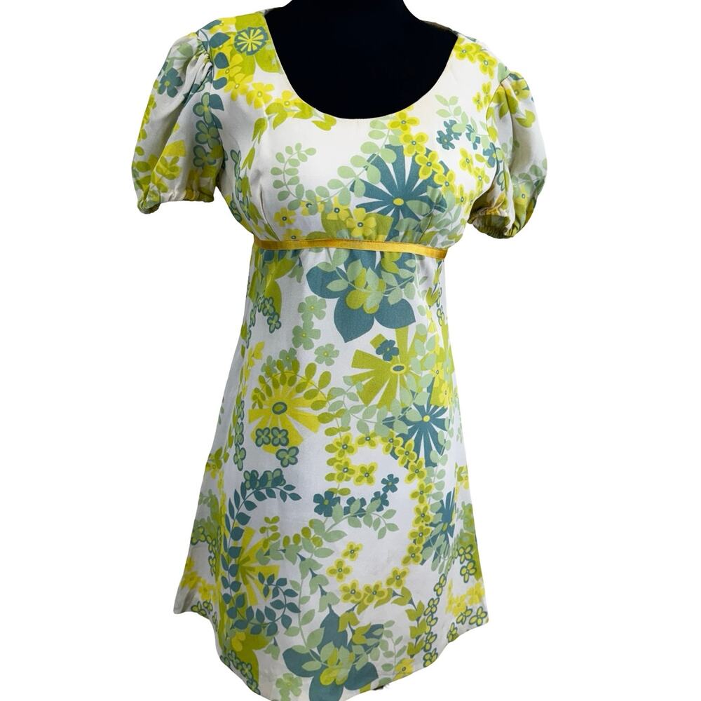 Vintage 1960s Betty Barclay Mod Floral Mini Dress - Empire Waist Puff Sleeve - S